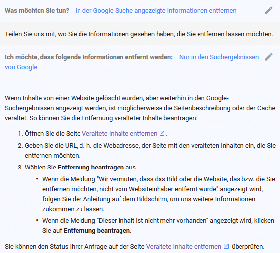 Antrag auf Löschung von Google Cache