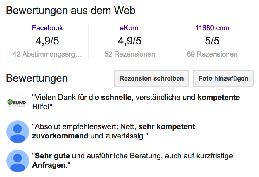 Online Bewertungen zu unserer Kanzlei (Stand 13.08.2017)